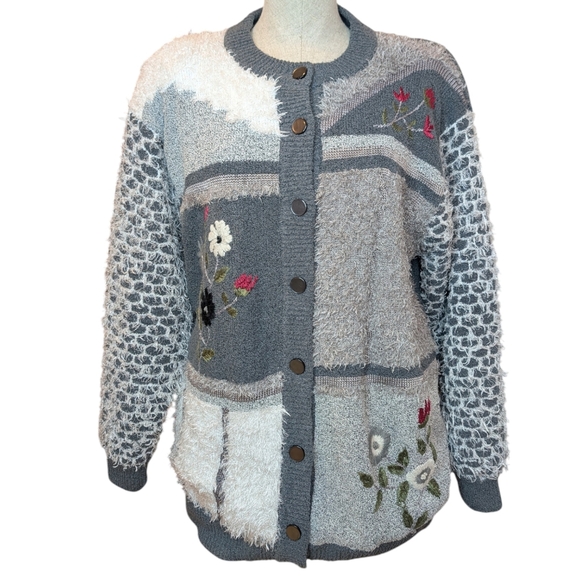 Jaguar Sweaters - Vintage Jaguar Patchwork Knit Cardigan Floral Textured Grandma Core S / M